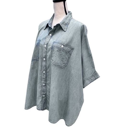 R13 FADED DENIM BLUE OVERSIZED BOXY BUTTON UP SHORT SLEEVE SHIRT - Picture 13 of 16